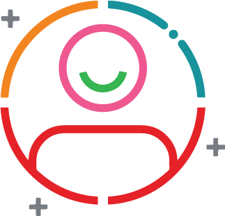 Colourful circular icon featuring a smiling person surrounded by plus signs