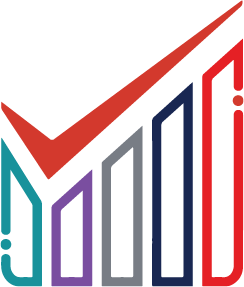 Ascending coloured door-shaped bars topped with a red check mark